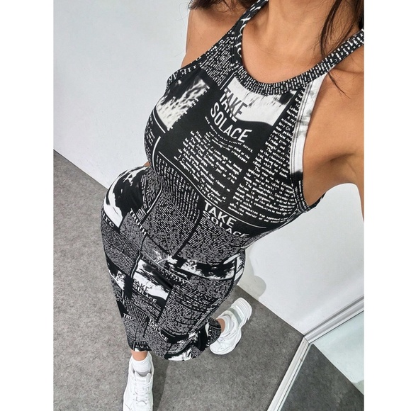Newspaper Print Tank Dress Midi Fitted Sleeveless Stretchy Black and White - Picture 3 of 8